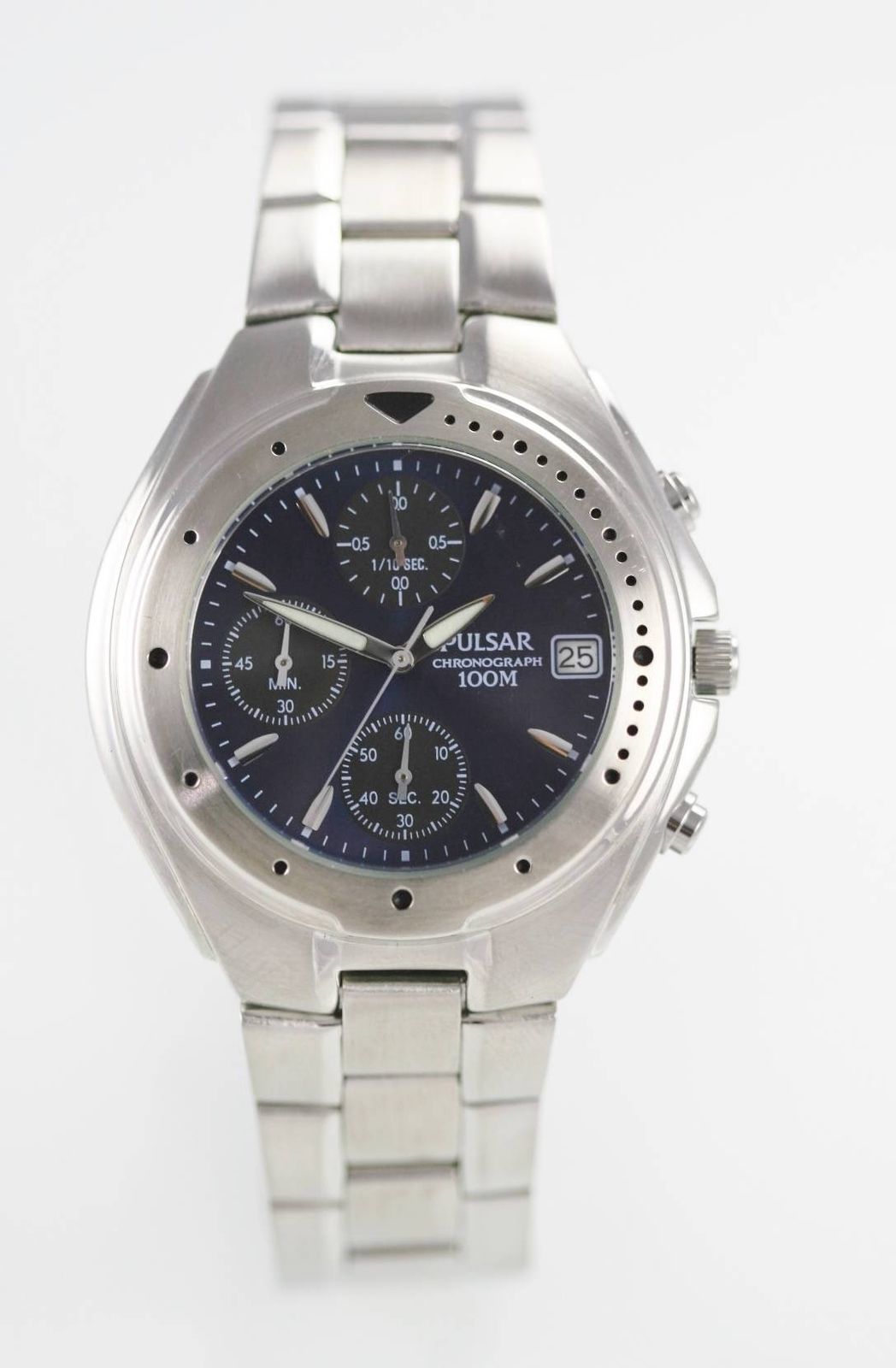 Pulsar Watch Mens Chronograph Blue Stainless Silver Date 100m Battery ...