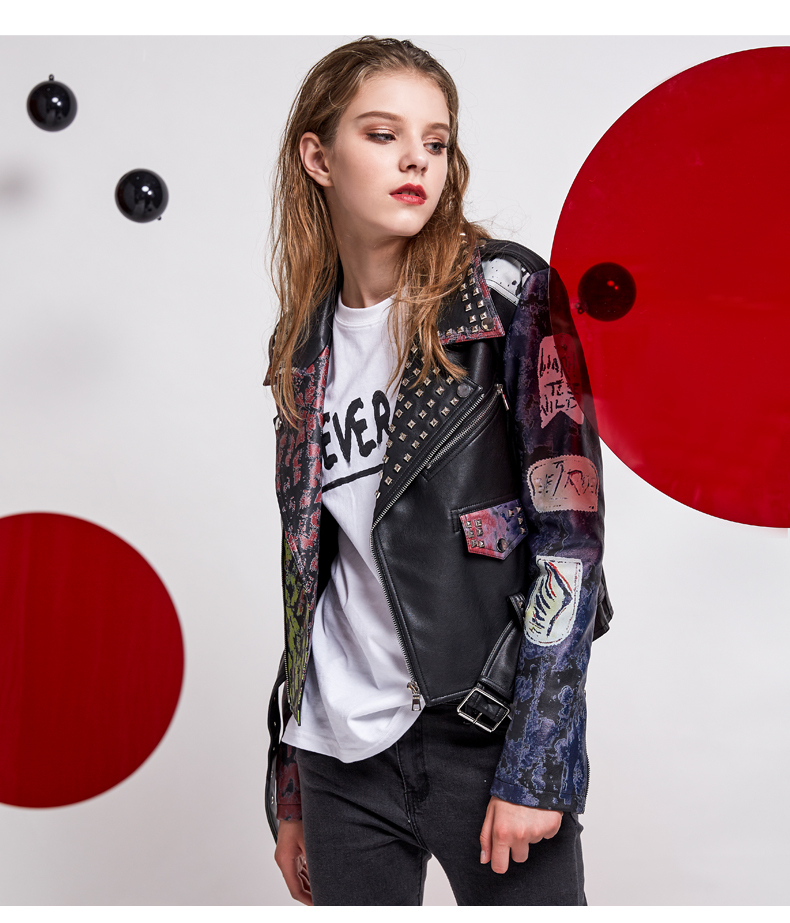 Image of Women Asymettry Graffiti Motorcycle PU Leather Jacket Rivets Coat
