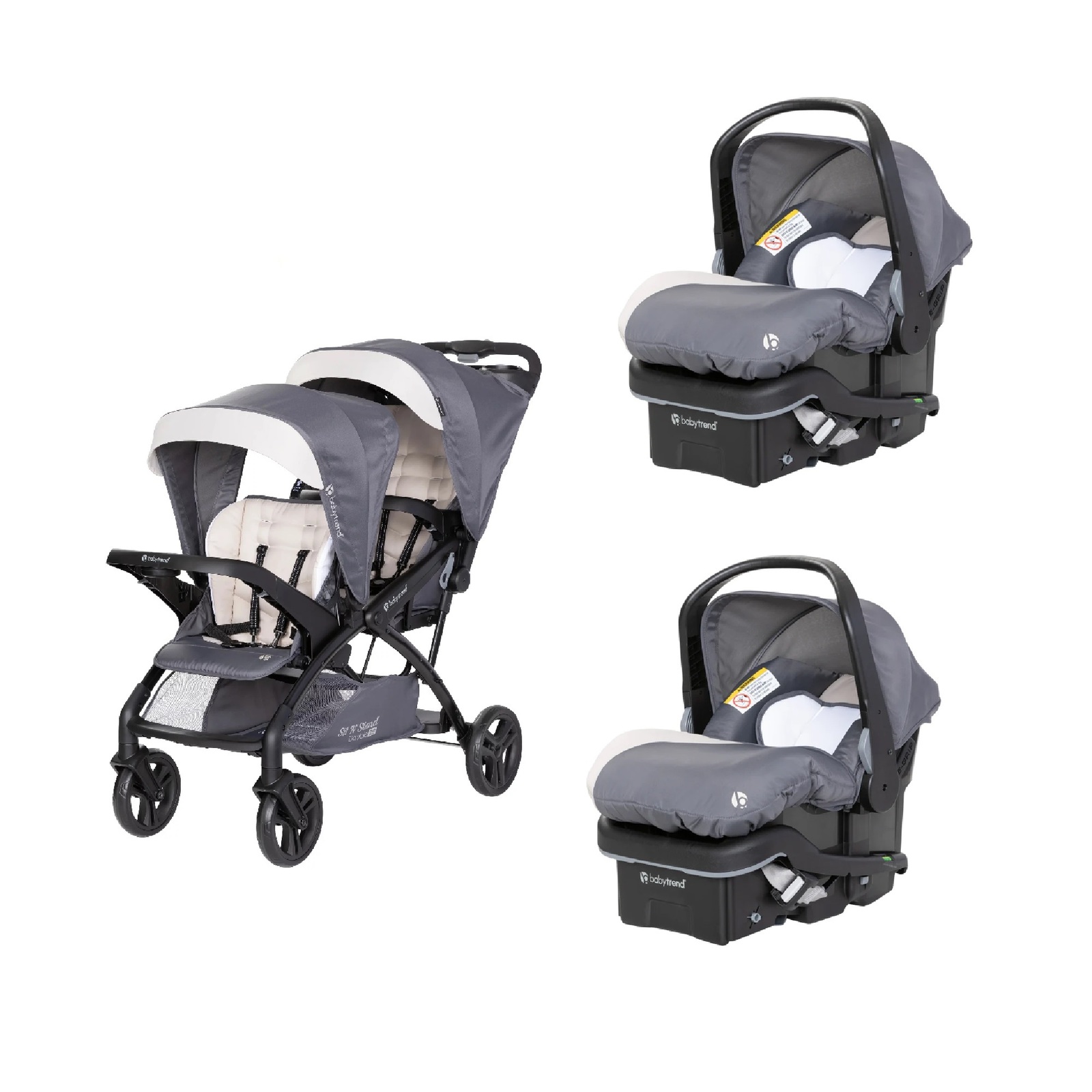 Gray Baby Trend Double Sit N Stand Stroller Travel System with 2 Infant Car Seat Strollers