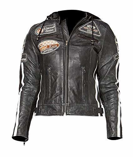 Ladies Hooded Biker Badges Retro Motorcycle Distressed Black Leather Jacket