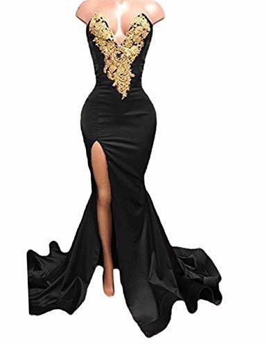 Plus Size Gold Lace Sexy High Slit Mermaid Long Prom Dress Evening Black US 20W