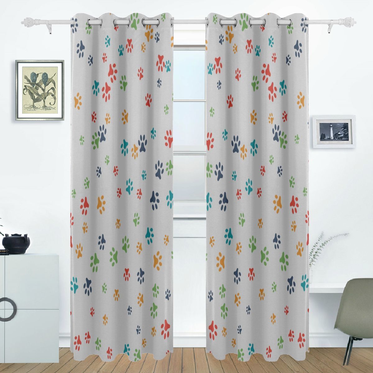 Window Curtains For Kitchen Kawaii Dog Paw Cute Puppy Print Shower
