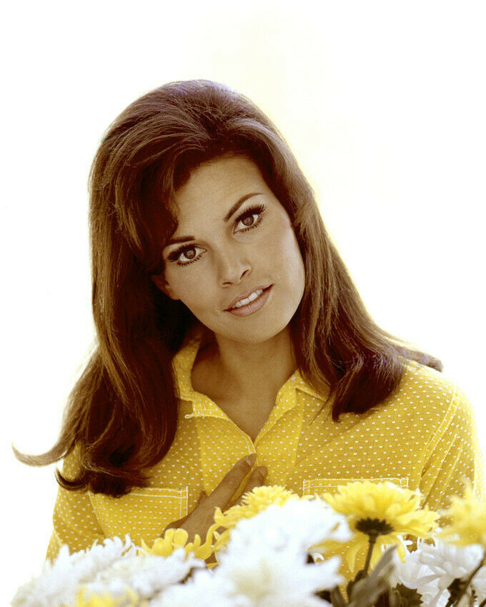 Raquel Welch yellow dress by flowers long hair 60's pose 8x10 Photo - Color