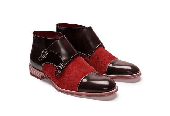 NEW Handmade Men's Dark Brown Red Double Monk boot, Men's Cap Toe Leather Suede