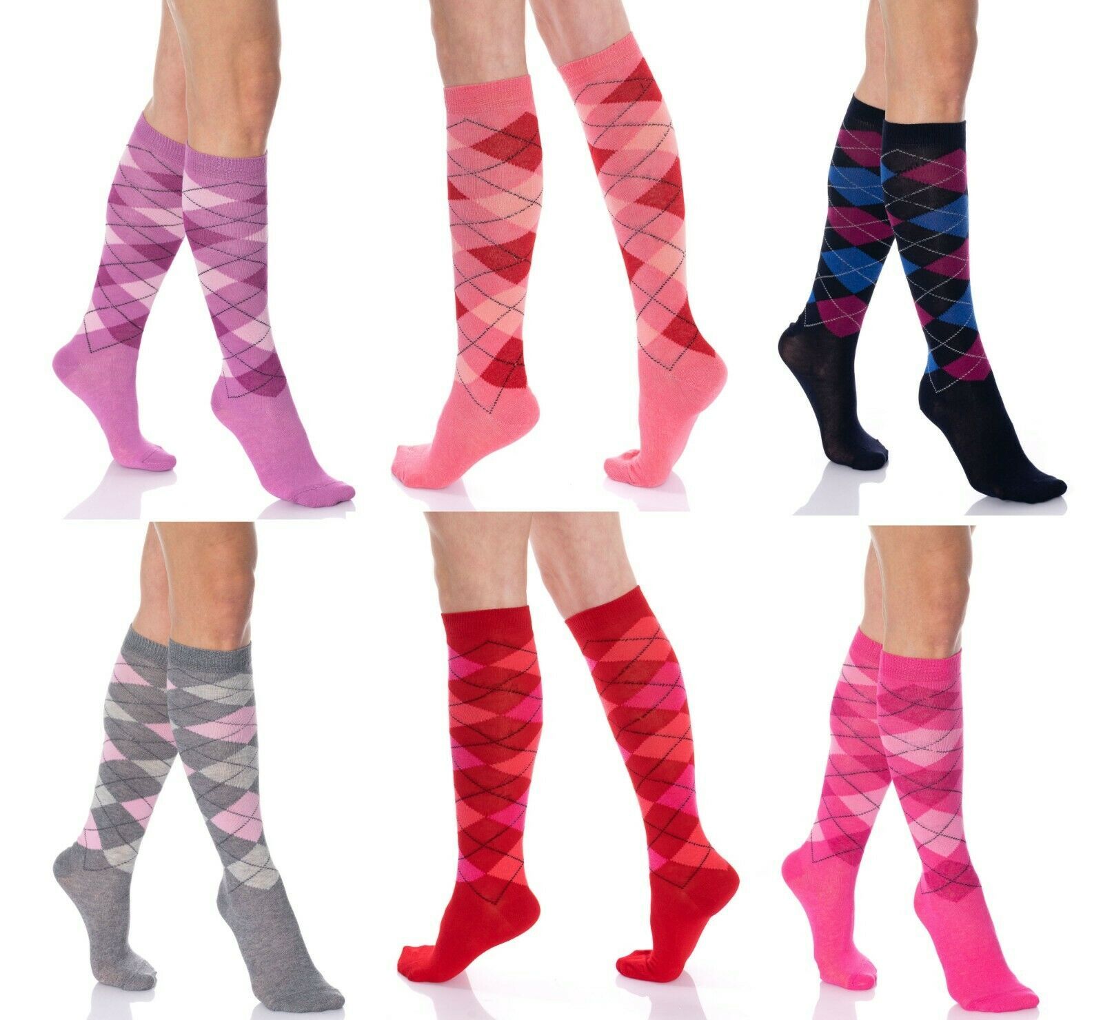 Over the Calf Combed Cotton Socks for Women Argyle Patterned 6 Pairs 9-11