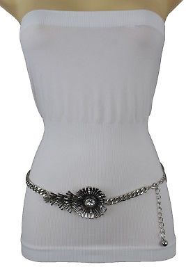 Women Antique Silver Skinny Belt Red Flower Beads Metal Chains Hip Waist S M