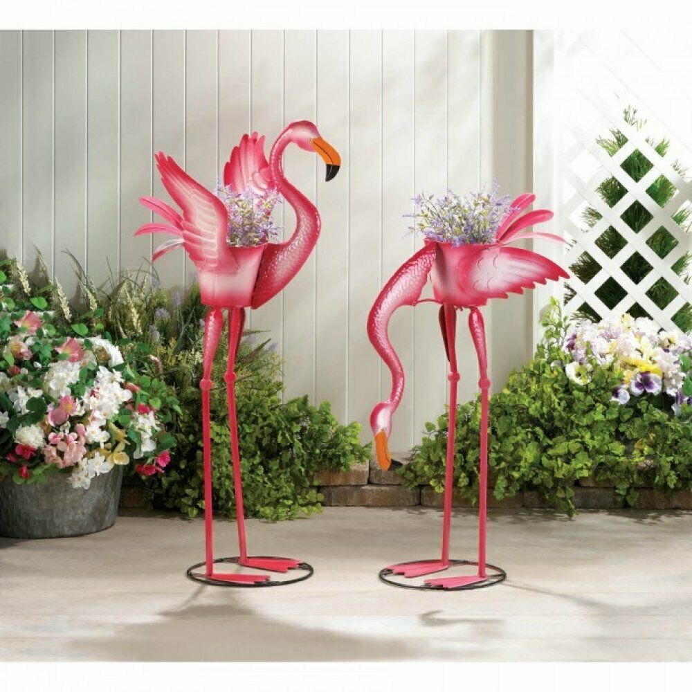 Pink Flamingo Lawn Ornament Planter Garden Stake Metal Sculpture Yard Decor Planters 3728