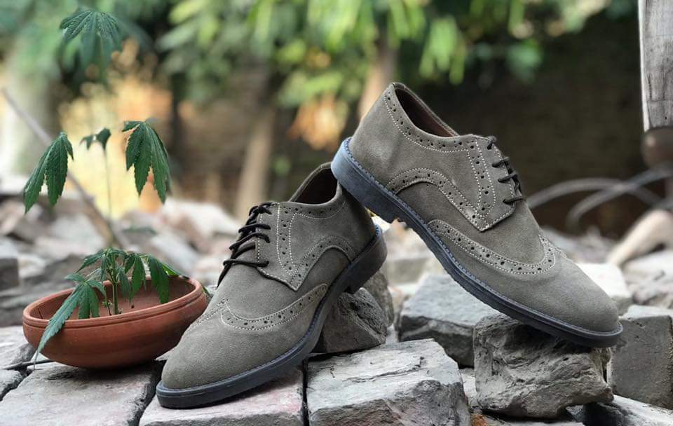 Handmade Men's Genuine Gray Suede Oxford Bogues Formal Lace Up Shoes 2019