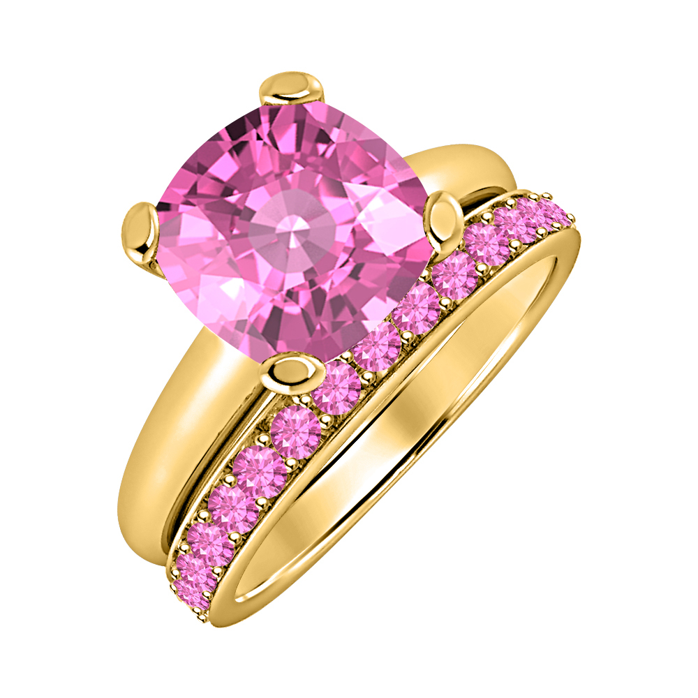 Cushion Cut Pink Sapphire 14kYellow Gold Over 925 Silver Engagement Bridal Ring