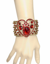2" W Chunky Statement Red Rhinestones Bangle Heart Filigree Hinge Bracelet  - $15.68