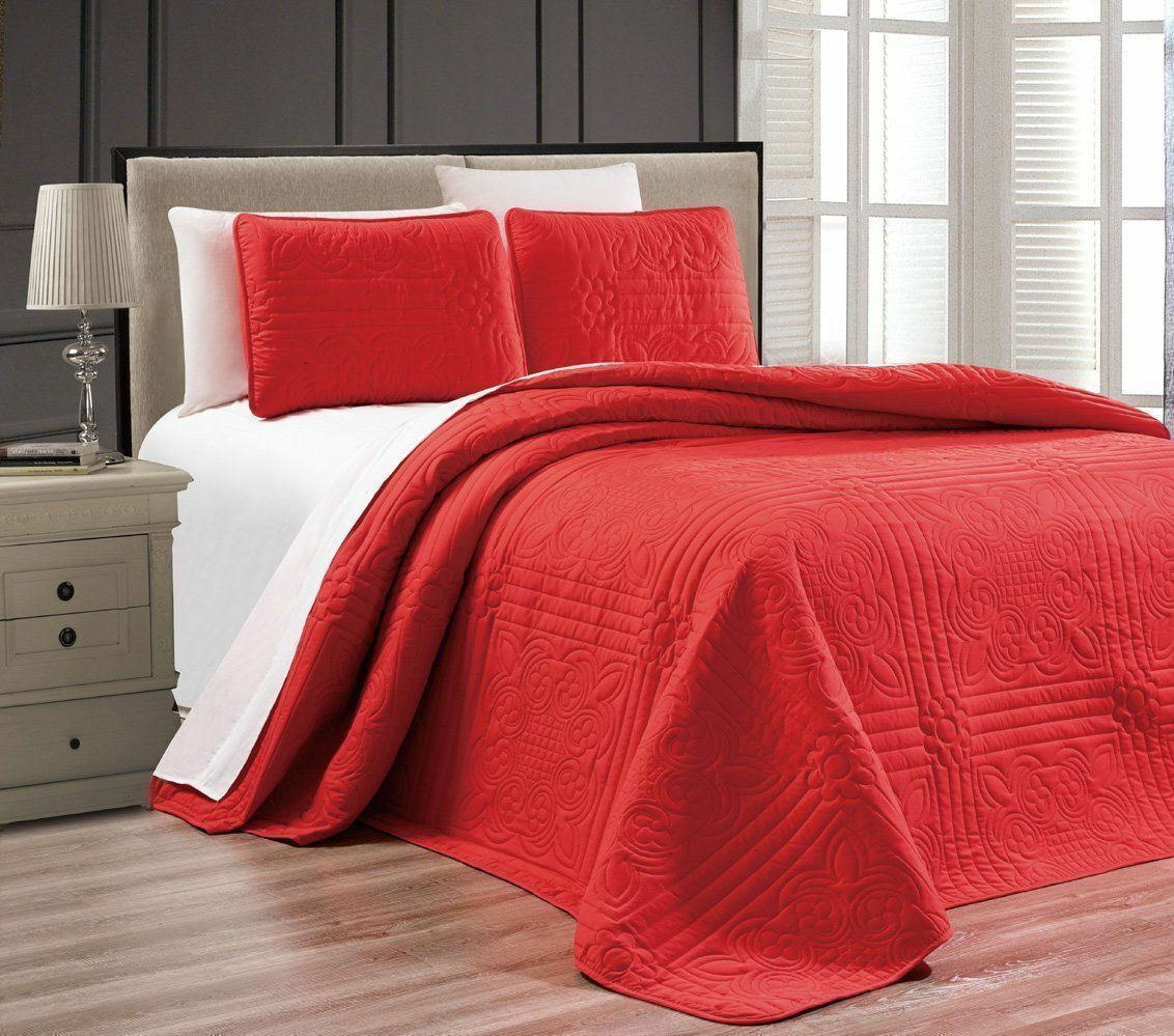 Twin XL Full Queen Cal King Size Bed Solid Red 3 pc Quilt Set Coverlet Bedspread Quilts