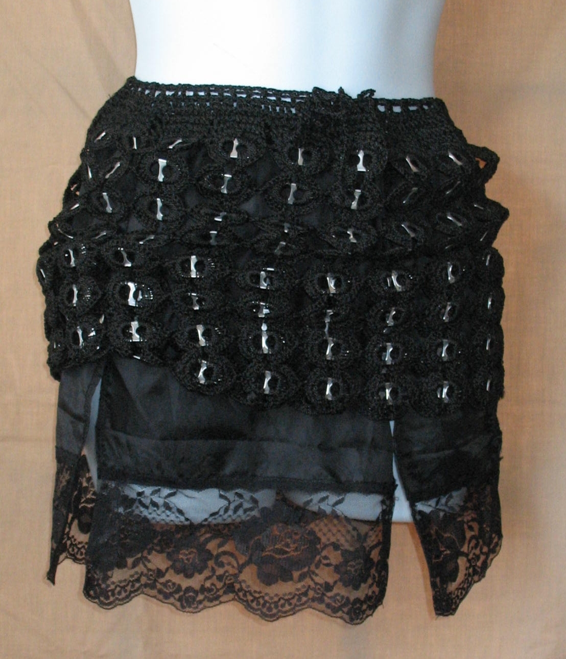 S XS Upcycled Pop Top Crocheted Mini Skirt Black Hand Made - Skirts