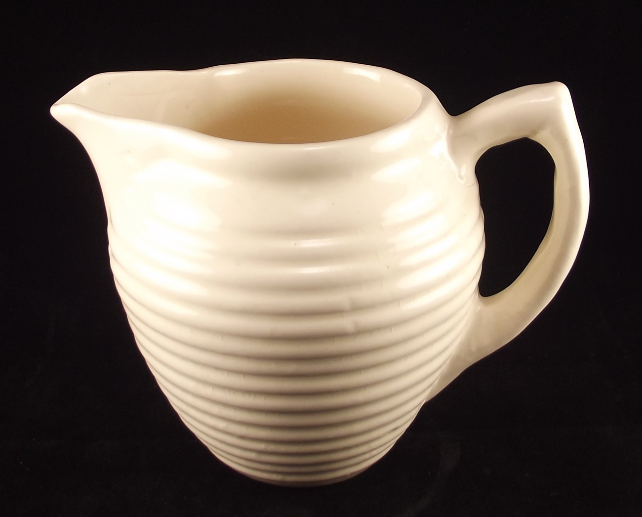 Vintage Hull Mardi Gras ivory ringed pottery cream milk pitcher 1940s