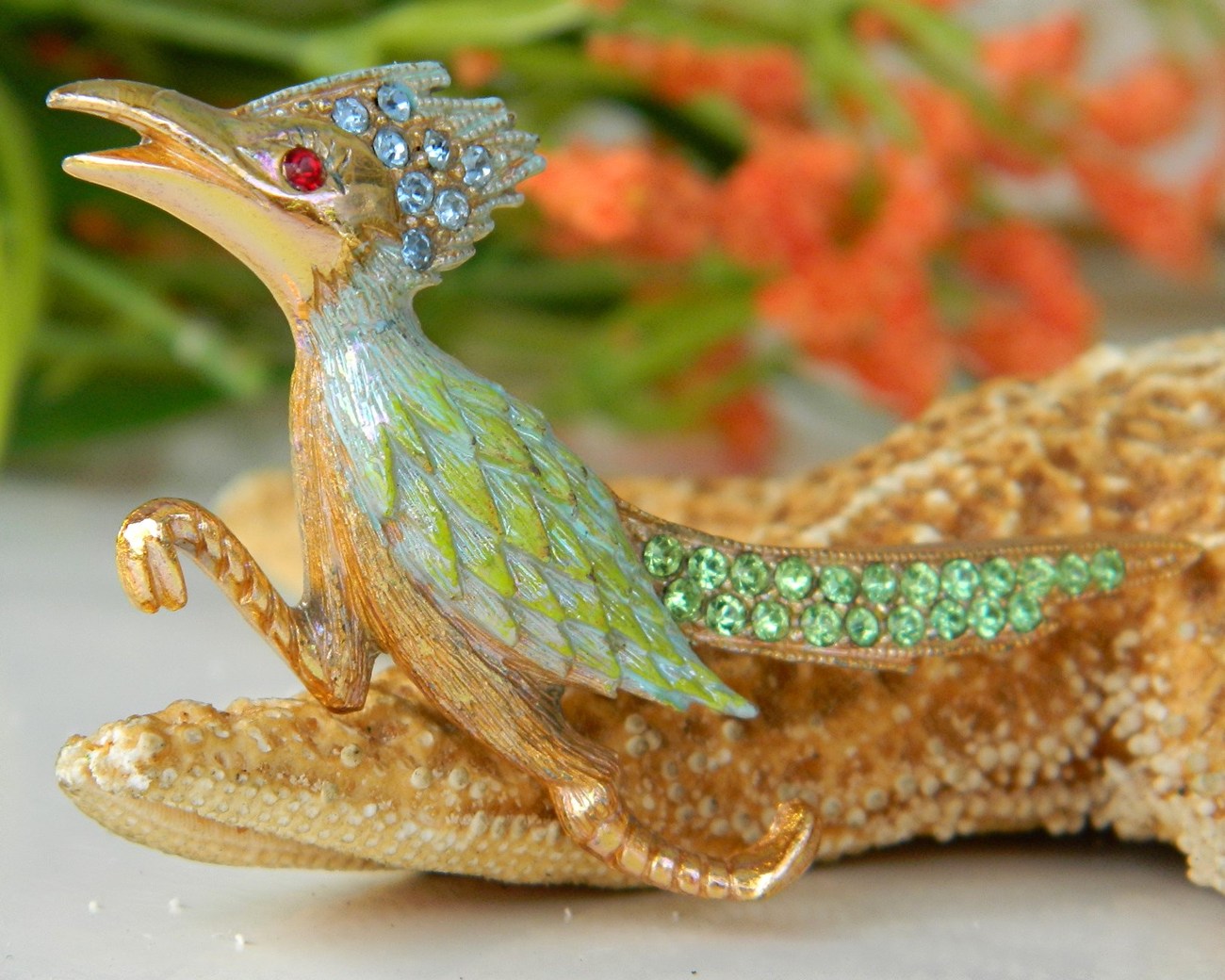 Vintage Ultra Roadrunner Brooch Pin Green Rhinestones Enamel Pins