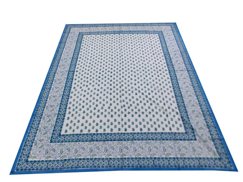 Indian Hand Block Printed Floral Design Blue Color Bed Sheet, Wall Hanging Tapes