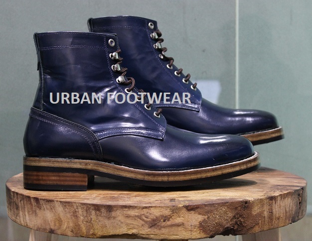 Mens New Handmade Stylish Patent Leather Blue Lace Up Ankle High Boot