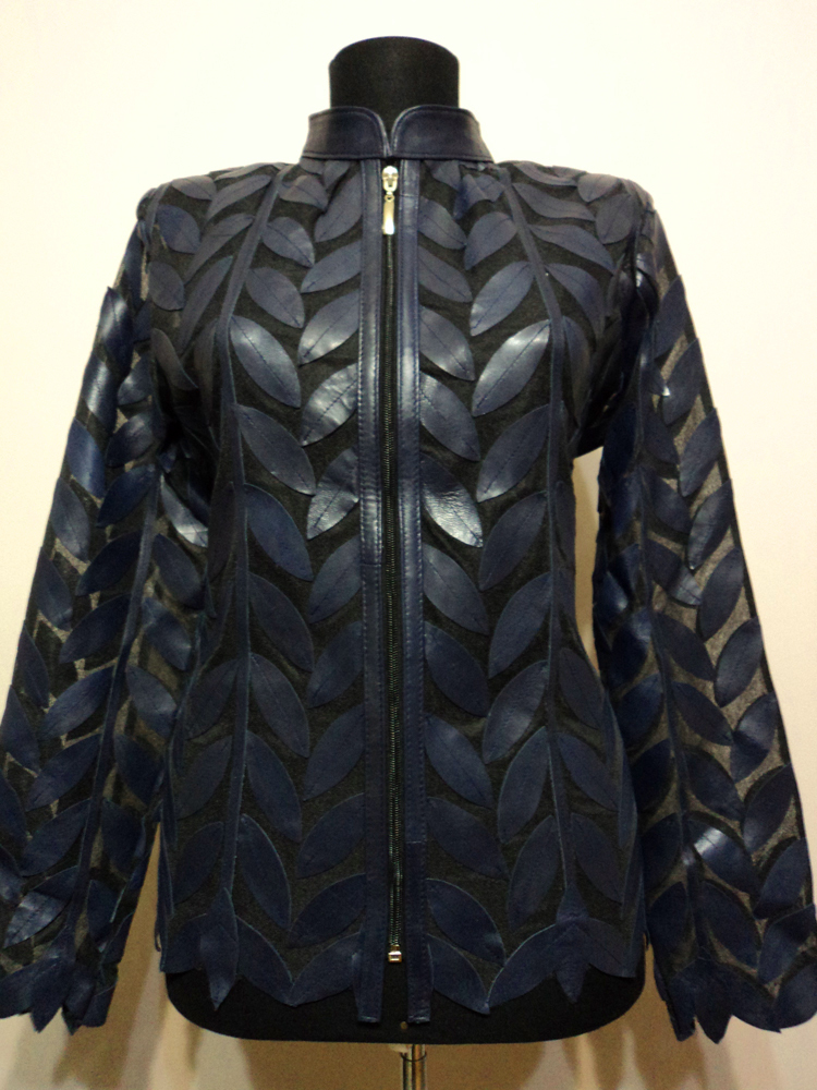 Primary image for Plus Size Navy Blue Leather Leaf Jacket Women All Colors Sizes Genuine Zipper D4