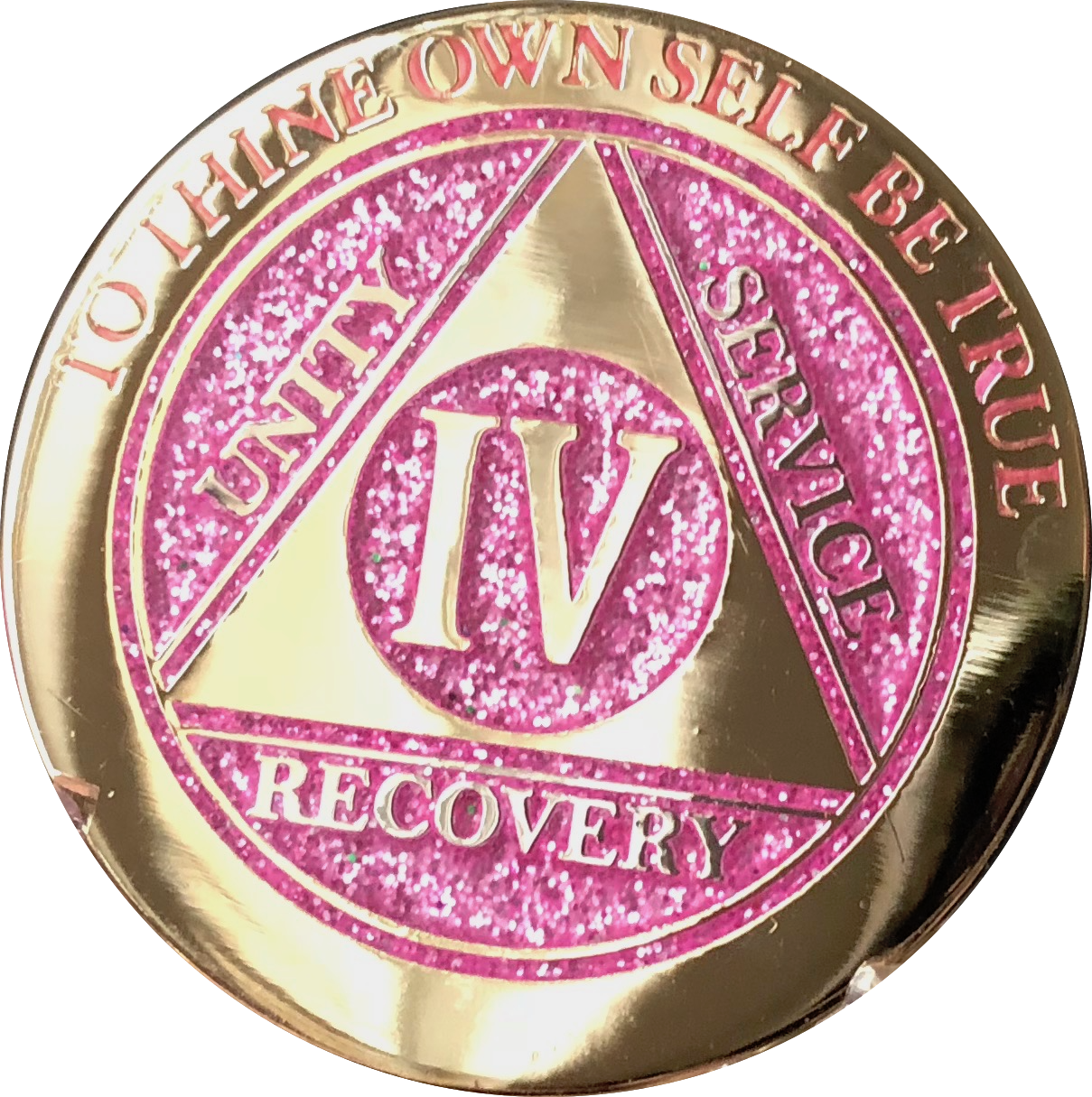 4 Year AA Medallion Elegant Glitter Pink Gold Plated Sobriety Chip Coin Four