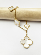 Mother of Pearl Quatrefoil Motif Charm Bracelet in Gold - $75.00