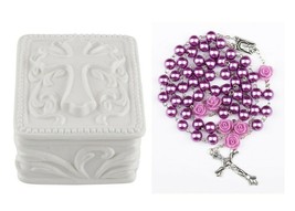 Porcelain Cross Rosary Box with Purple Rose Bead Rosary Catholic Gift - $19.99
