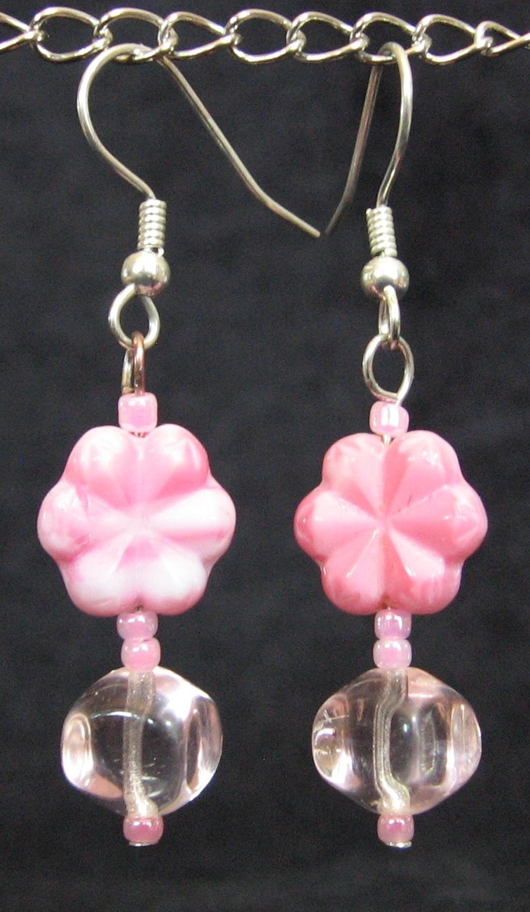Pink Flower Drop Dangle Earrings Artisan Handmade Unique Earrings
