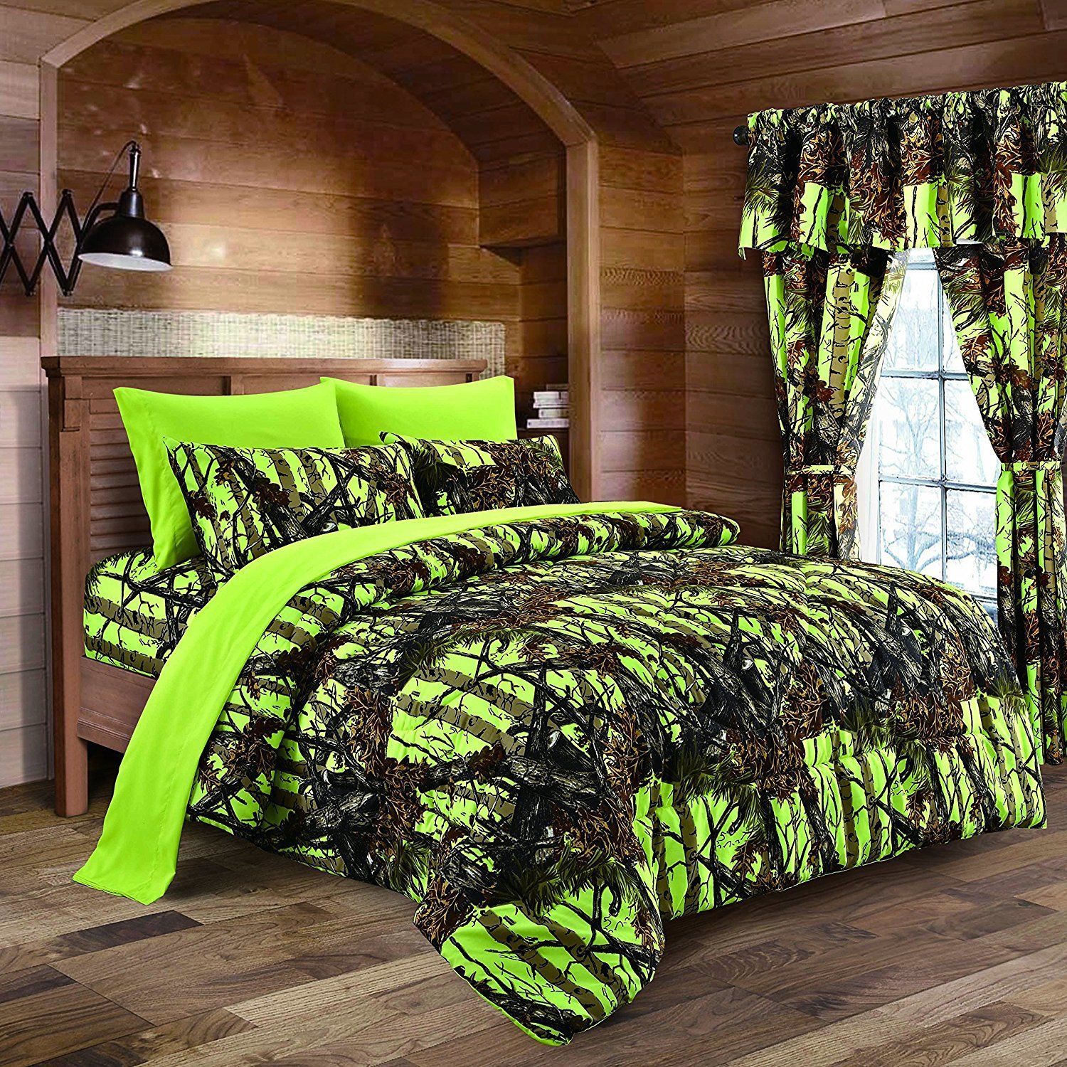 The Woods Camo Lime 7 piece Queen Comforter and Sheet Set Comforters