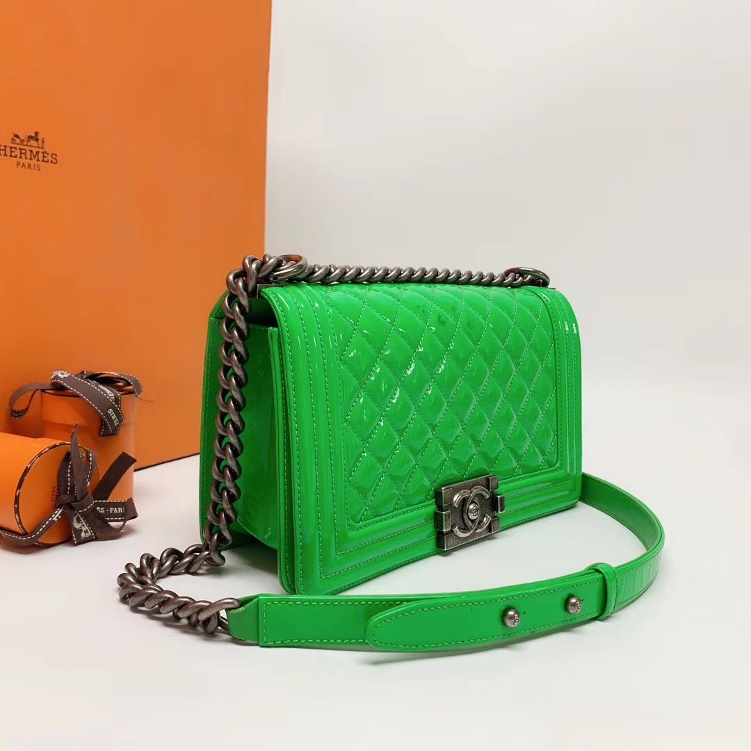 SALE*** Authentic Chanel Boy Medium Patent Green Flap Bag with RECEIPT - Handbags & Purses