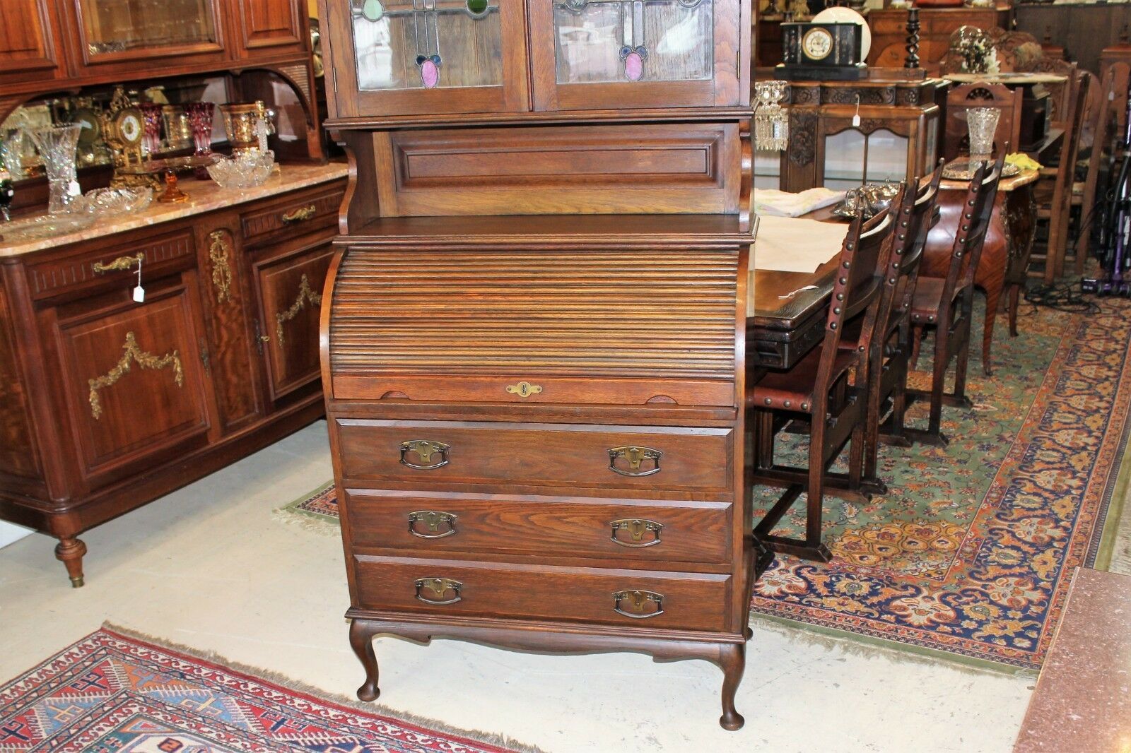 Antique English Oak Wood Secretary Tall Stained Glass Roll Top Desk