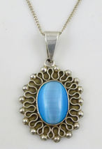 BLUE Oval Cat&#39;s Eye Moon glow PENDANT in Sterling Silver and NECKLACE - ... - $55.00