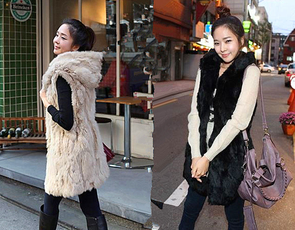 Image of Hoodie women vest high grade imitation rabbit fur hip-long vest