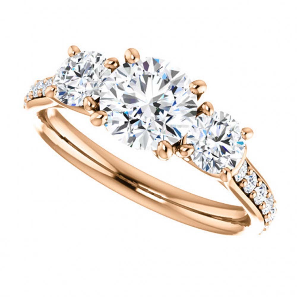 14K Rose Gold Fn Round Cut White CZ Diamond Three Stone Wedding Ring