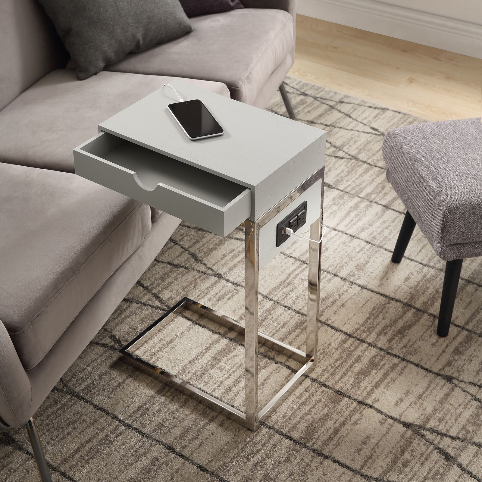 Adorna Modern End CTable with Storage Drawer USB Charging Ports and