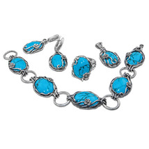 Silber Schmuck Set Ring Anhänger Ohrringe Armband Mit Blau Türkis Handmade - $331.43