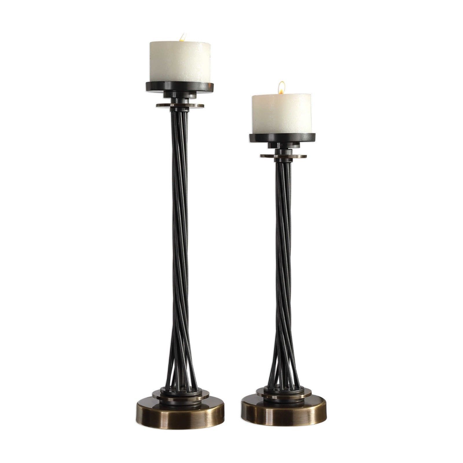 KENDRA 25" TWISTED AGED BLACK IRON PILLAR CANDLE HOLDERS BRASS DETAIL