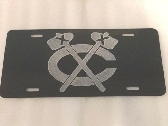 Chicago Blackhawks 2 Logo Car Tag Diamond Etched on Black Aluminum License Plate