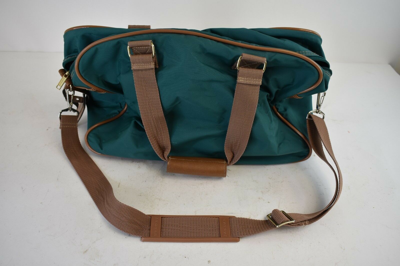 Vintage Jaguar CarryOn Luggage Tote Briefcase Travel Bag Green Tan