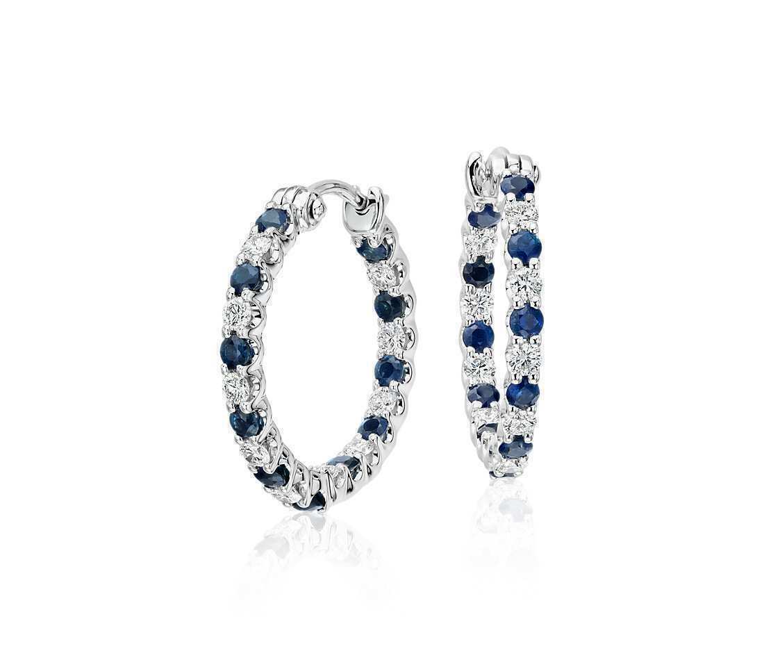 Primary image for 1.5 CT Round Cut Sapphire Diamond Engagement Hoop Earrings 14k White Gold Finish