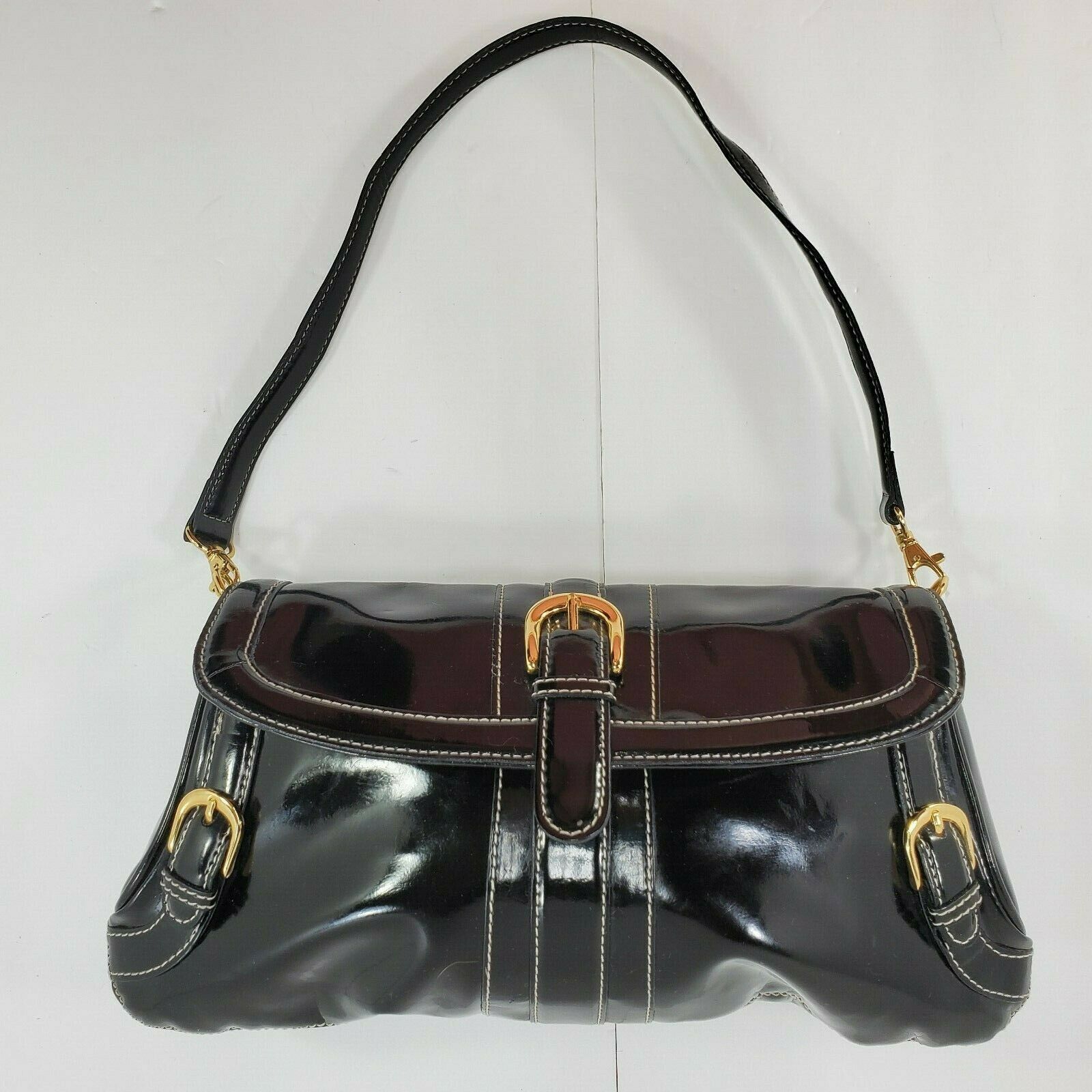Maxx New York Signature Purse Patent Black Man Made Leather Gold