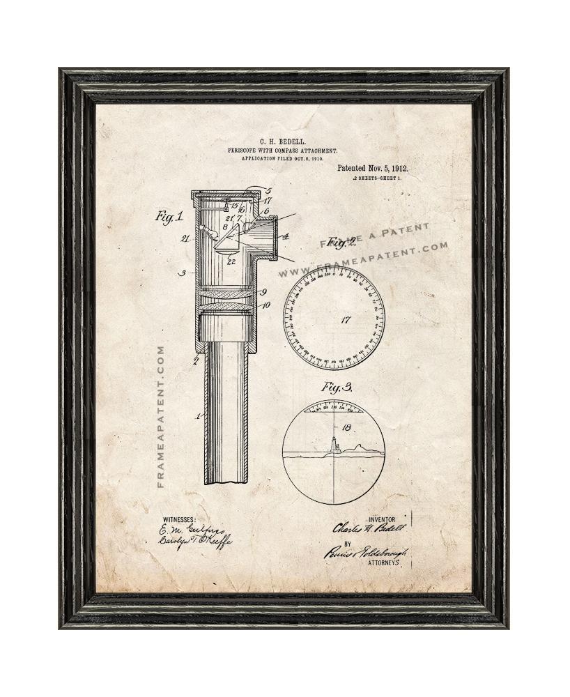 Periscope With Compass Attachment Patent Print Old Look with Black Wood Frame