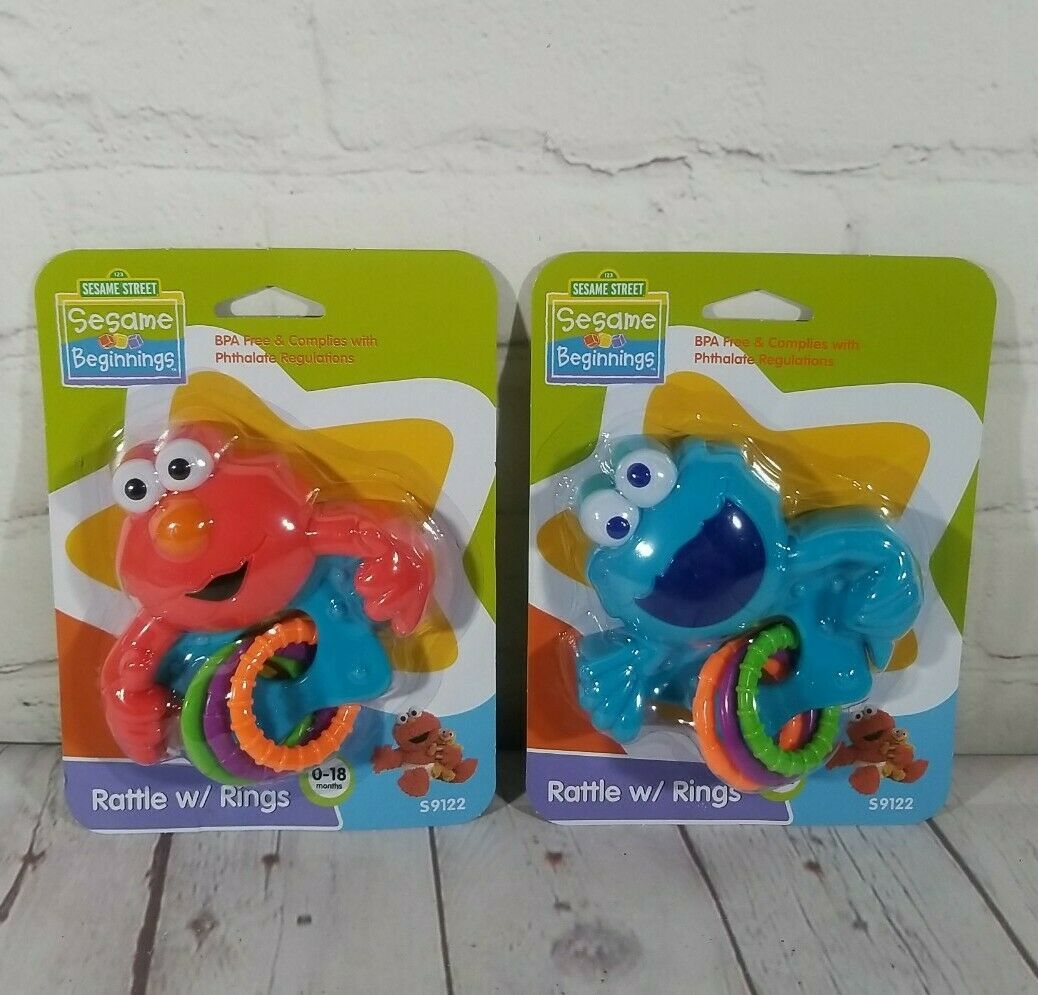 Sesame Street Elmo & Cookie Monster Baby Rattles W/ Rings, 0 To 18 Months New
