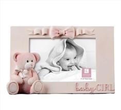 Bear Photo Frame Pink Baby Girl 9.1" Long Holds 4" x 6" Picture Poly Stone image 1