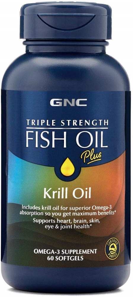 GNC Triple Strength Fish Oil Plus Krill Oil, 60 Softgels, for Join, Skin, Eye,