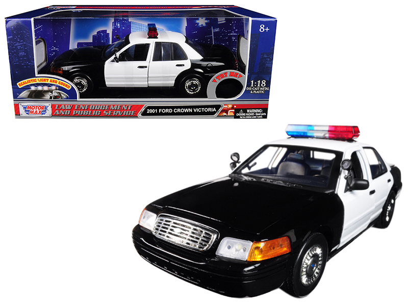 2001 Ford Crown Victoria Police Car Plain Black & White with Flashing Light Bar  - $77.59