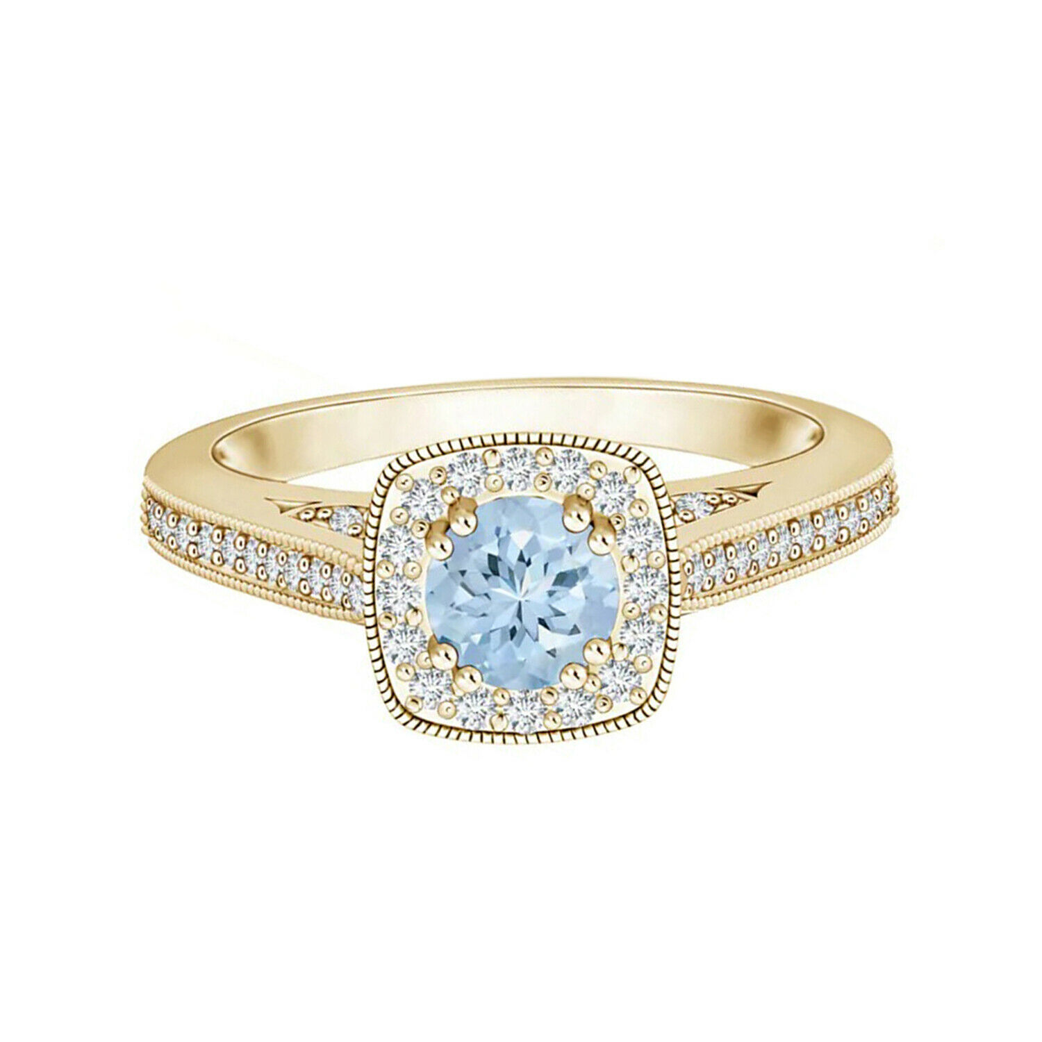 Aquamarine Halo Ring With Simulated Diamond Accents In 9K Yellow Gold