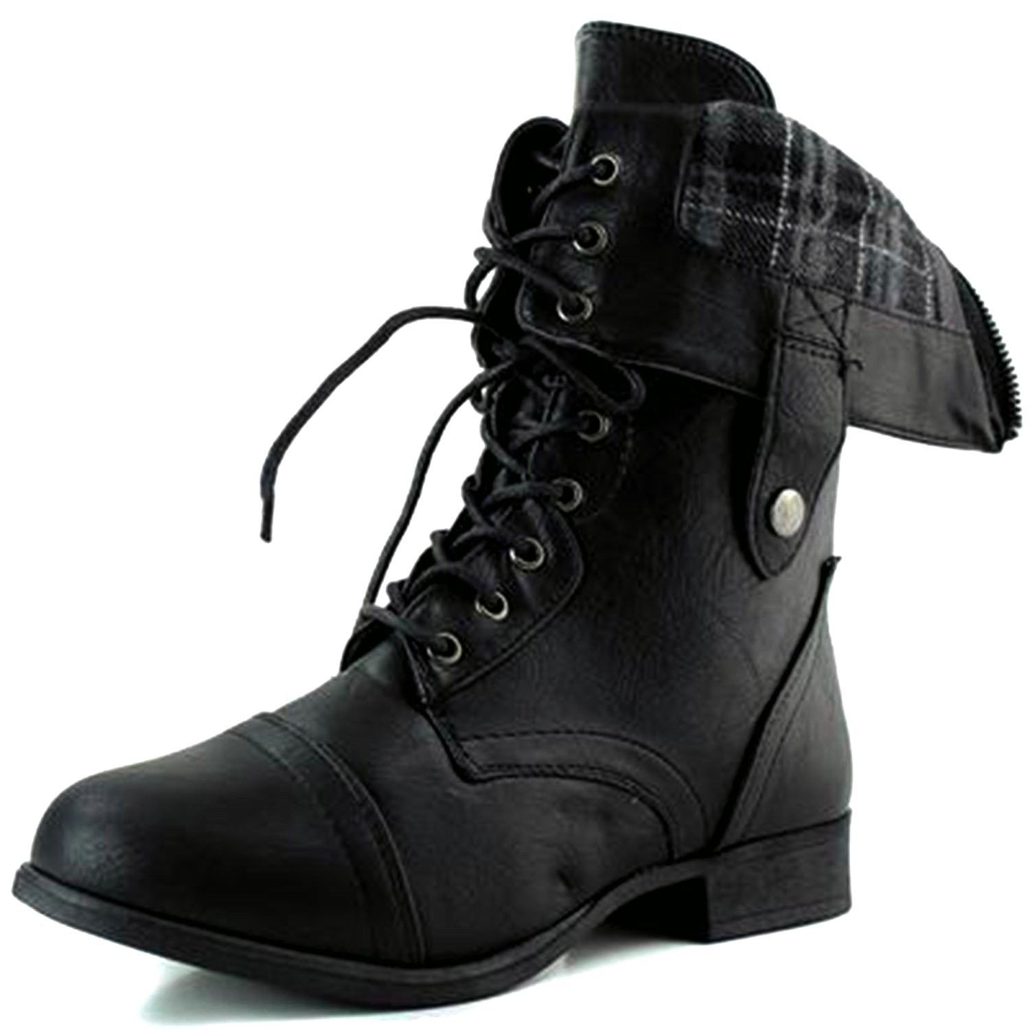 Fordable Round Toe Low Heel Combat Military Lace Up Mid Calf Womens Shoes Size 