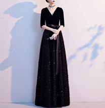 Women Half Sleeve Velvet Maxi Dress High Waist Formal Dress, Black, Plus Size image 12