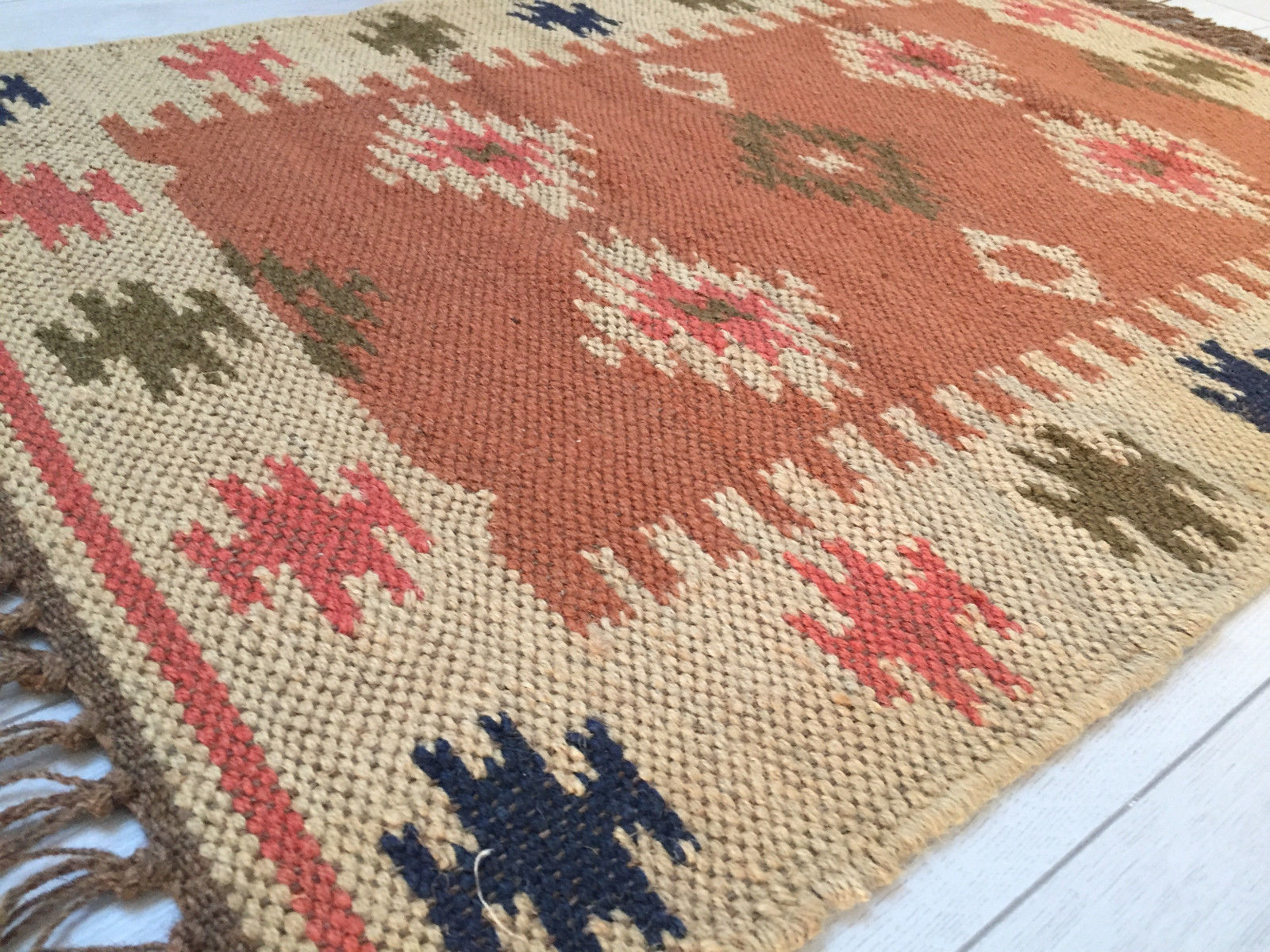 Small Kilim Rug Wool Jute Indian 60x90cm 2x3 Kelim Orange Handmade