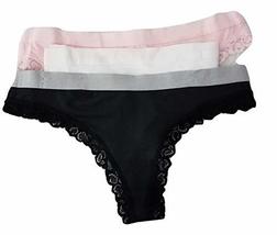 No Boundaries Women&#39;s Assorted 3 Pack Thong Panties (Blk/Pnk/Wht Lace Tr... - $17.66