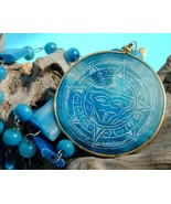 Vintage Carved Blue Agate Beads Mexican Aztec Etched Sundial Necklace - $32.95
