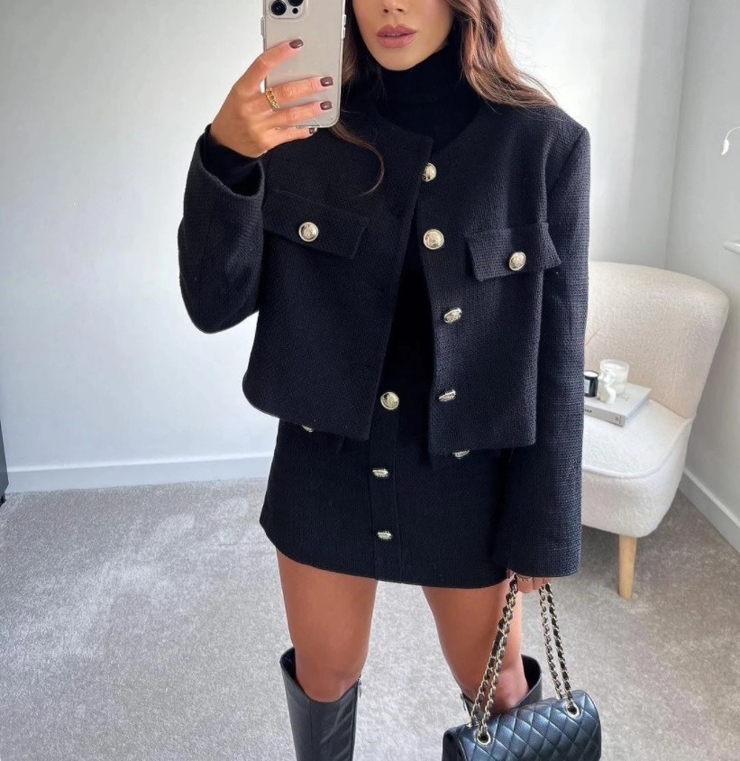 New black tweed two piece women suit set single breasted jacket and mini skirt